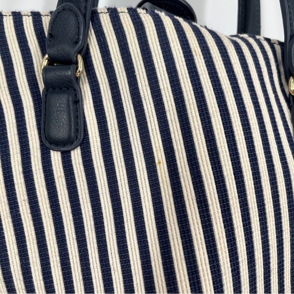 Talbots Navy Striped Canvas Corn Husk Straw Woven Bucket Bag Shoulder Purse - Picture 4 of 16